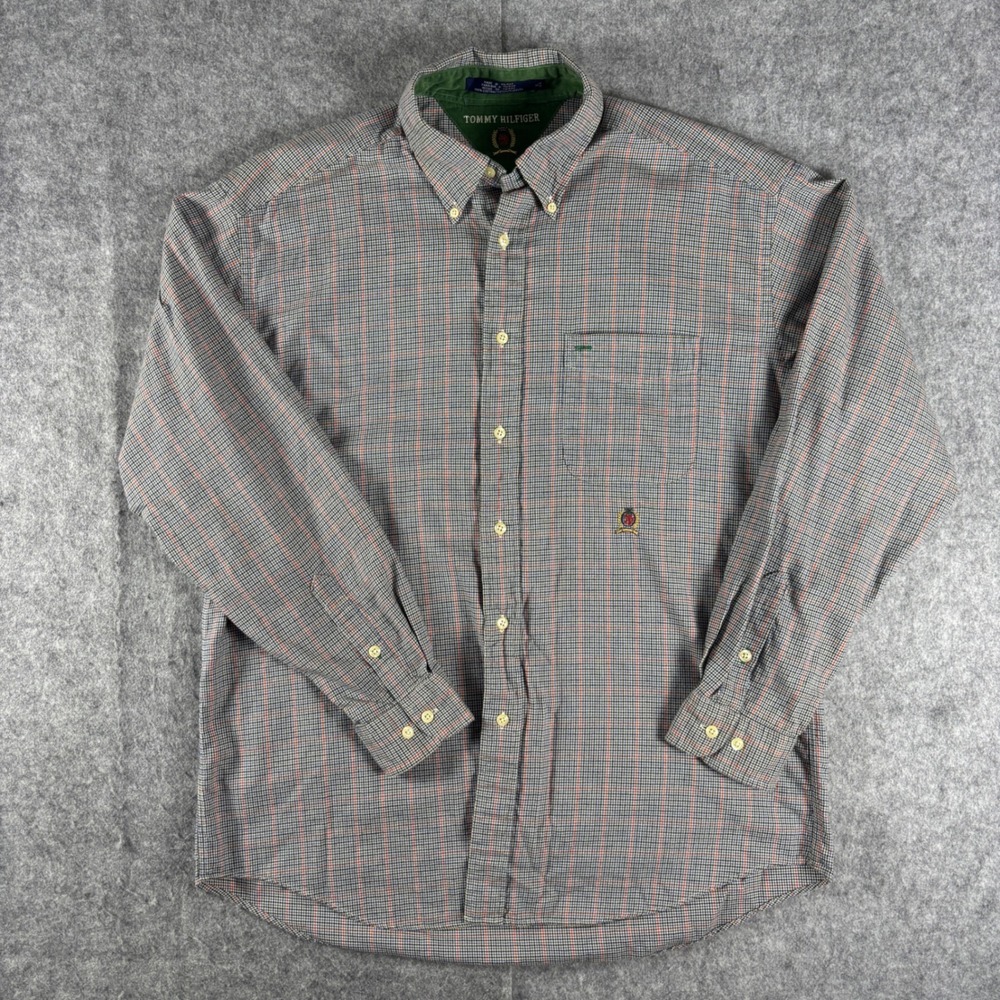Veg Tommy Hilfiger Mens Plaid Button Down Shirt Long Sleeve Green Collar Size L